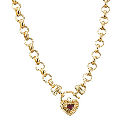 18ct Heavy Yellow Gold Plated 10mm Belcher Chain Necklace with a Red Filigree Locket-0